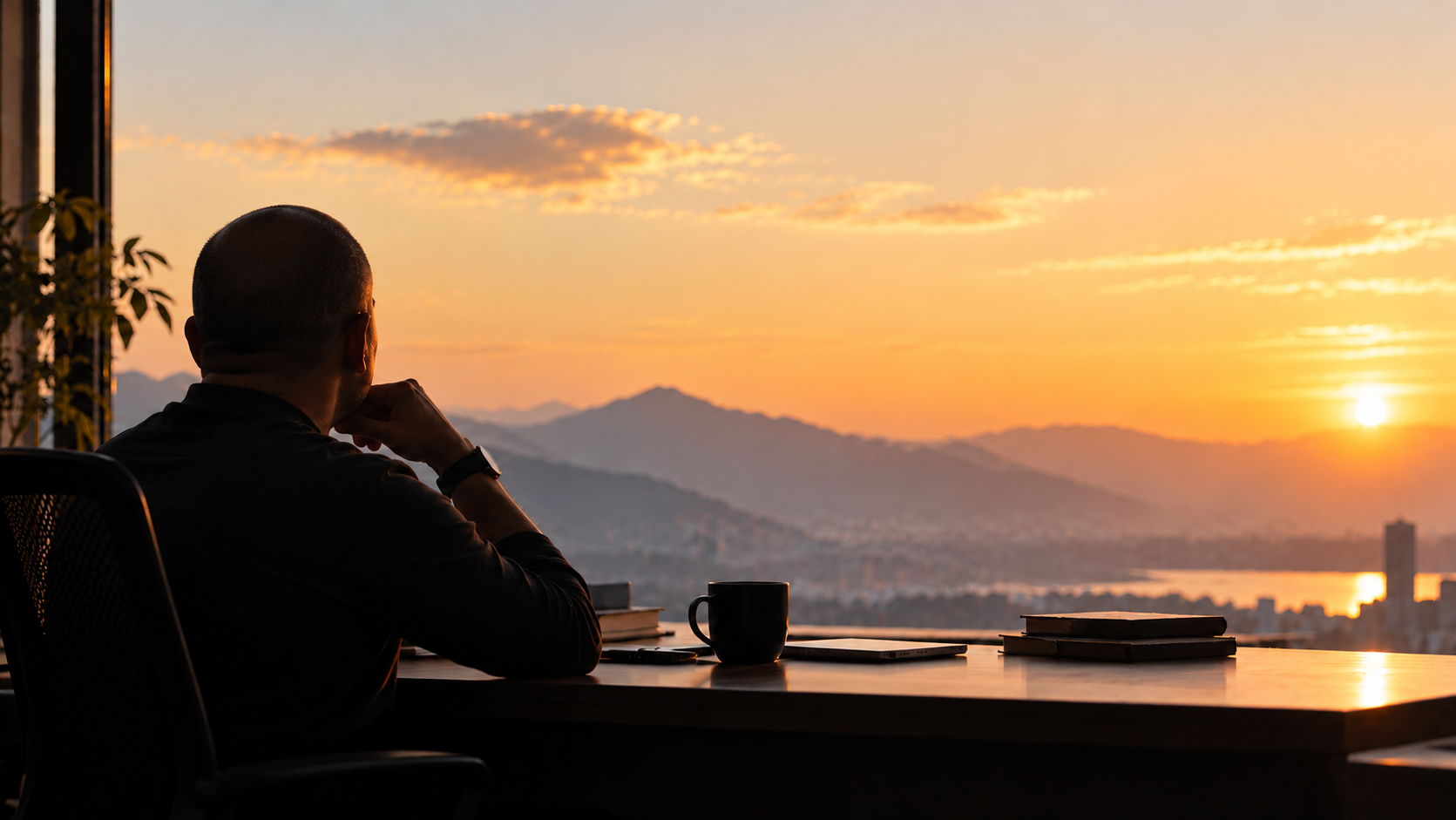 A back-facing seated figure rests his chin on his hand, looking towards a mountain sunset.